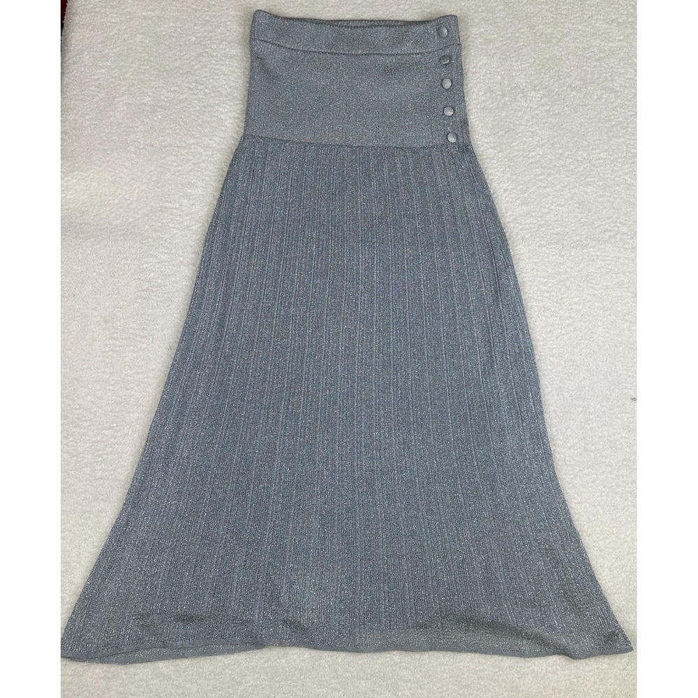 ZARA Knit Midi Skirt Blue Gray Metallic Ribbed Stretch High Waist women's size S